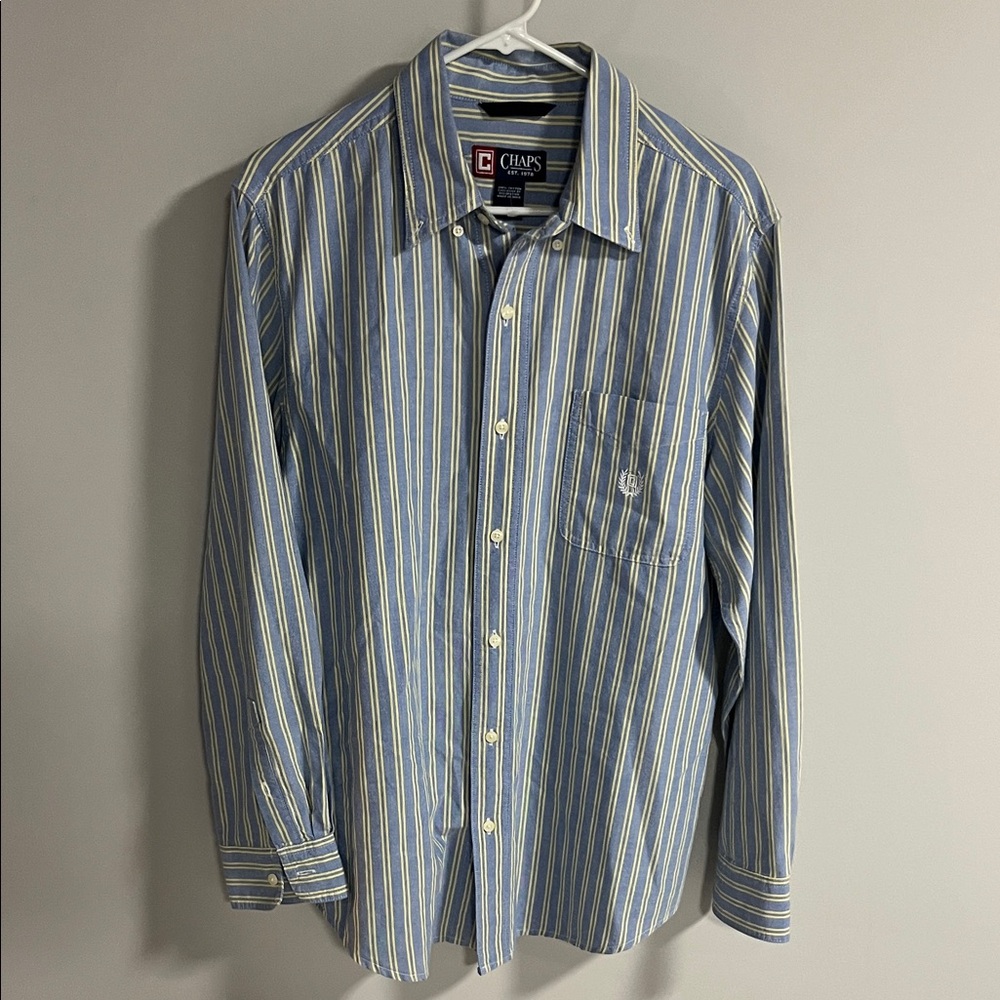 Chaps Men's Blue and Yellow Striped Shirt